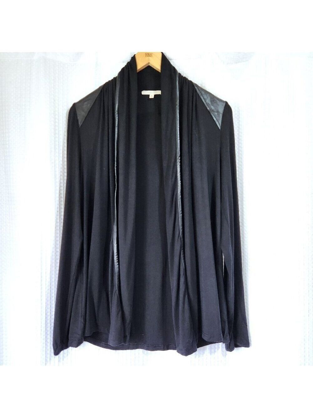 41 Hawthorn Cardigan Med Black Open Drape Front Vegan Leather Patch Stitch Fix